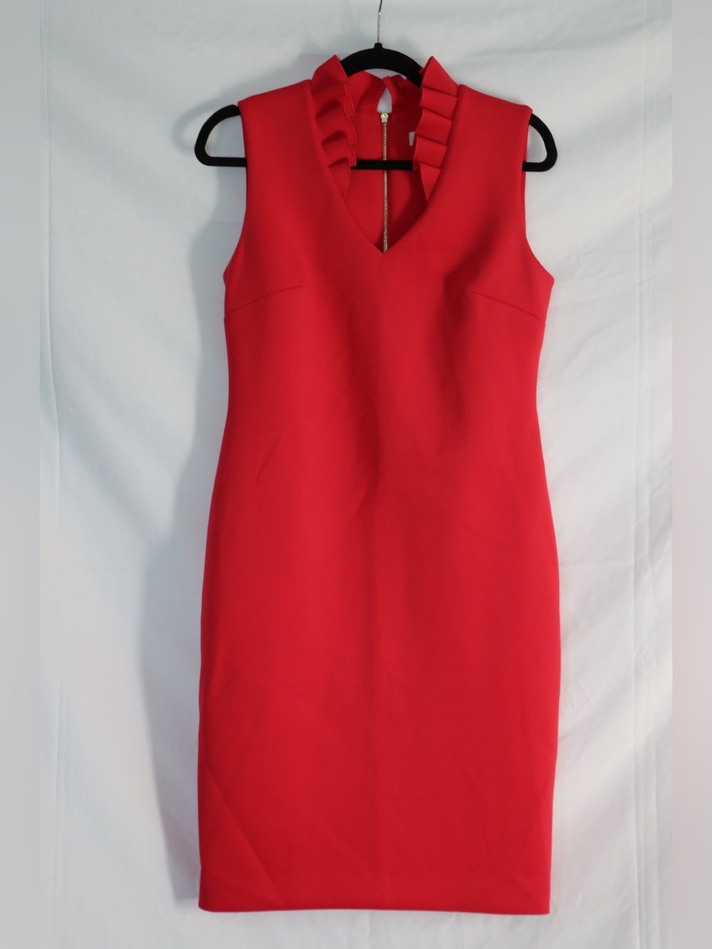 Calvin Klein Hot Pink Sleeveless Sheath Dress with Ruffle V-Neck